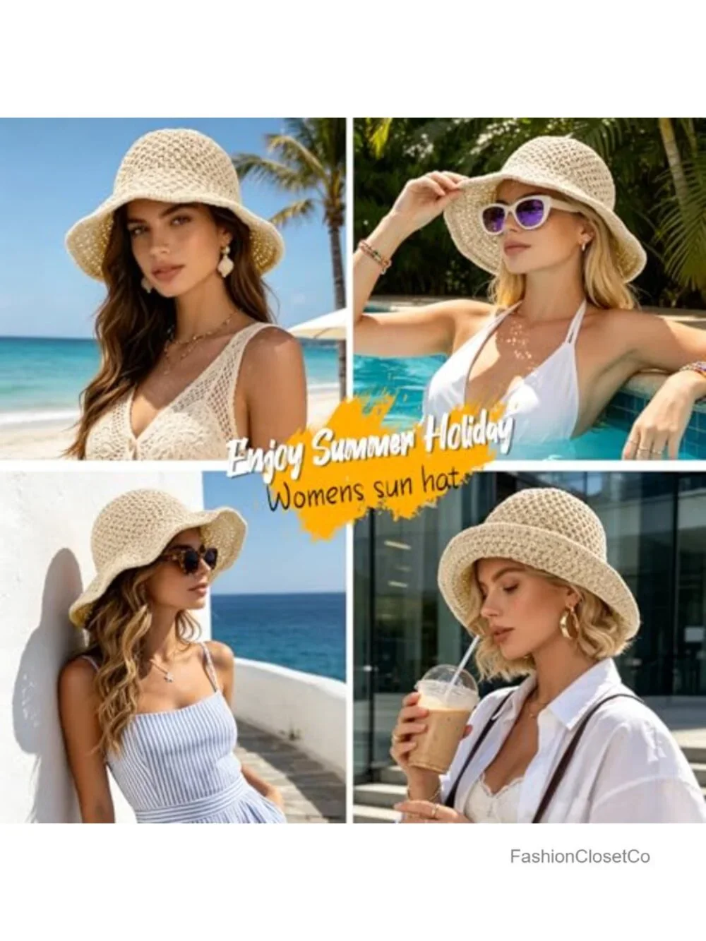 Handcrafted Crochet Straw Sun Hat with Wire Brim UV Protection Packable Beach